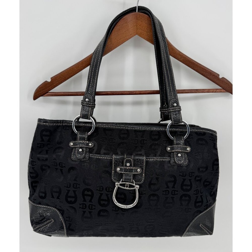 Etienne Aigner Black Logo Jacquard & Faux Leather Shoulder Bag With Buckle Accen